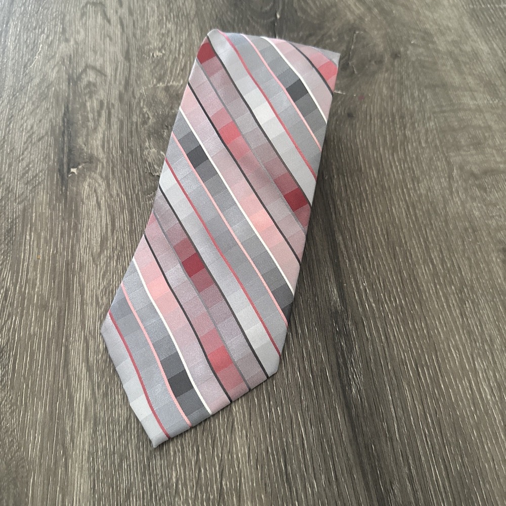 Calvin Klein Men's Tie Gray Pink Black Striped Plaid Necktie CK